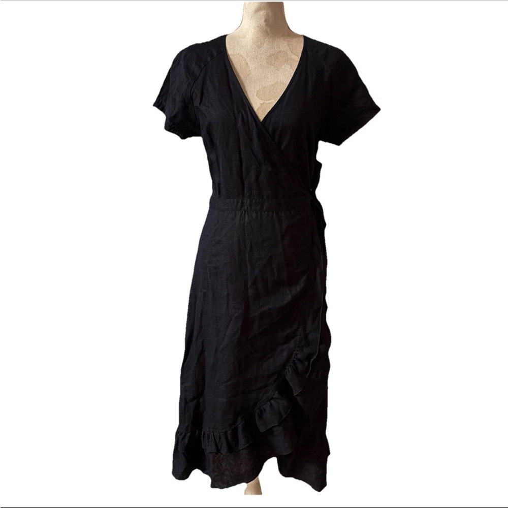 J.Crew 100% Linen Ruffle Wrap Dress Tie Cottage Prairie Short Cap Sleeves Sz 10